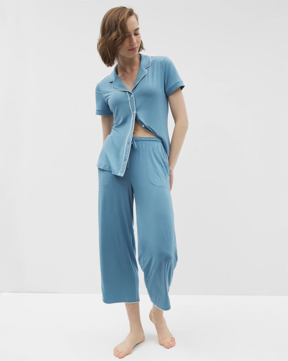BLUE HEAVEN Solid Piped Crop Pajama Pant