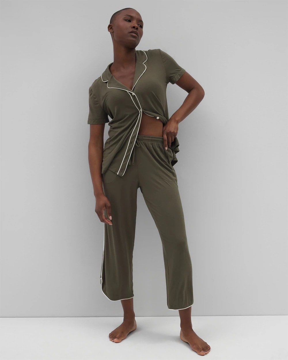 GRAPE LEAF Solid Piped Crop Pajama Pant