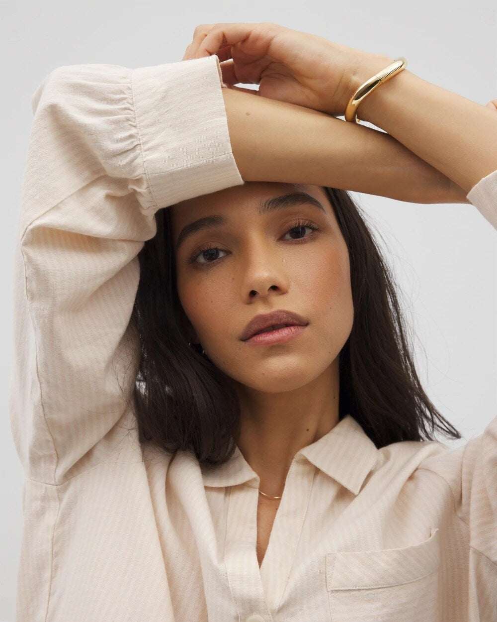 PALE SAND STRIPE Beach Cotton Long Sleeve Button-Up