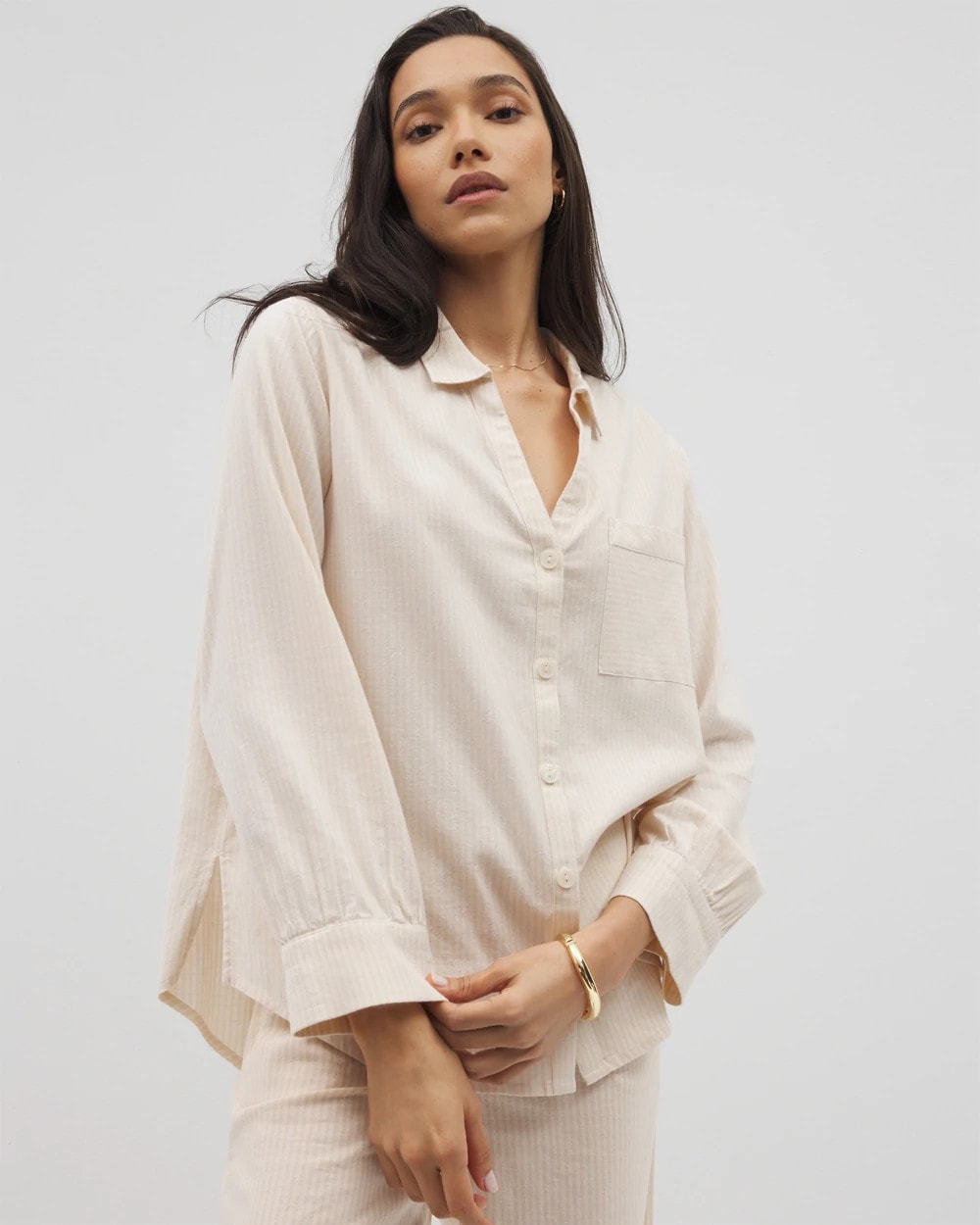PALE SAND STRIPE Beach Cotton Long Sleeve Button-Up
