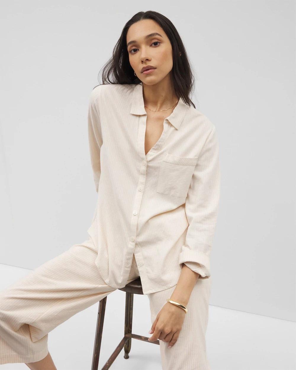 PALE SAND STRIPE Beach Cotton Long Sleeve Button-Up