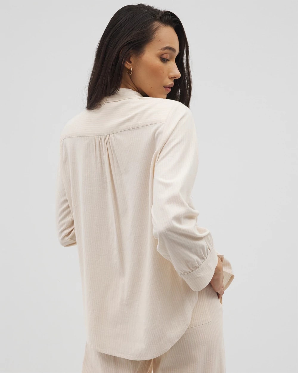 PALE SAND STRIPE Beach Cotton Long Sleeve Button-Up