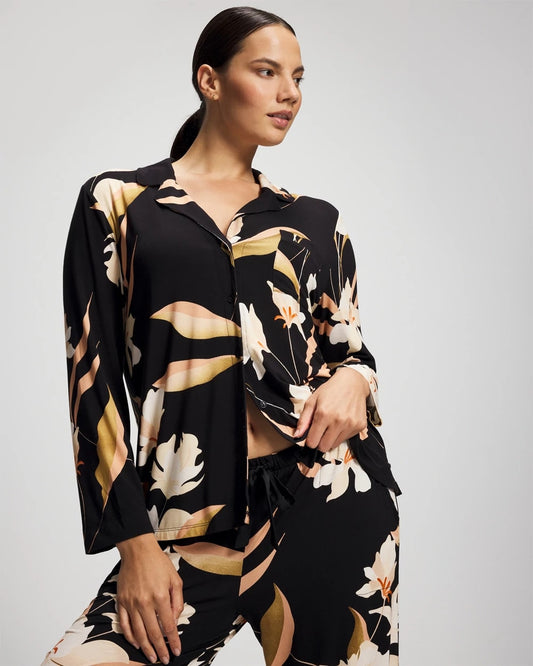 MYSTIC BLOOMS BLACK MID Long-Sleeve Notch Collar Pajama Top