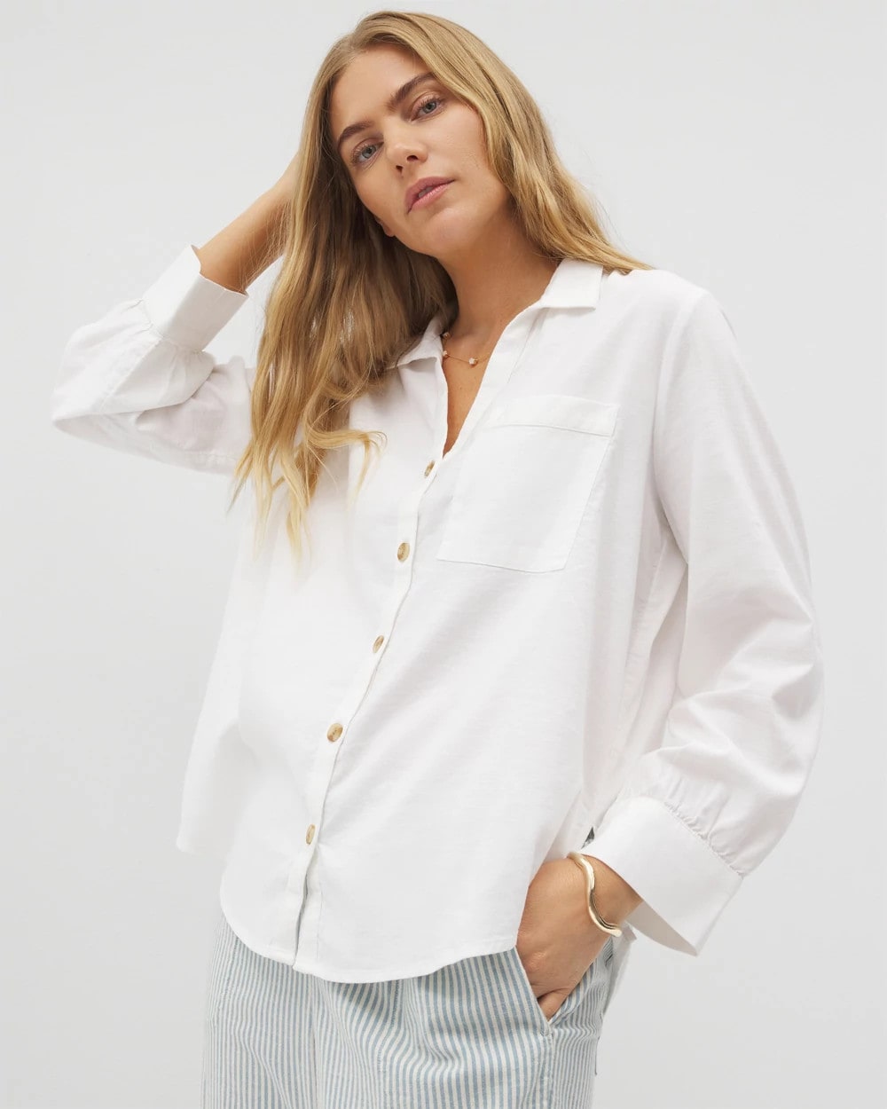 OPTIC WHITE Beach Cotton Long Sleeve Button-Up