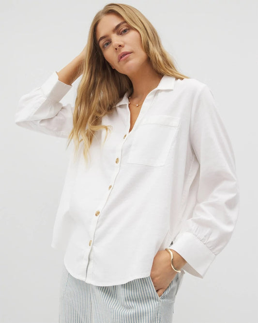 OPTIC WHITE Beach Cotton Long Sleeve Button-Up
