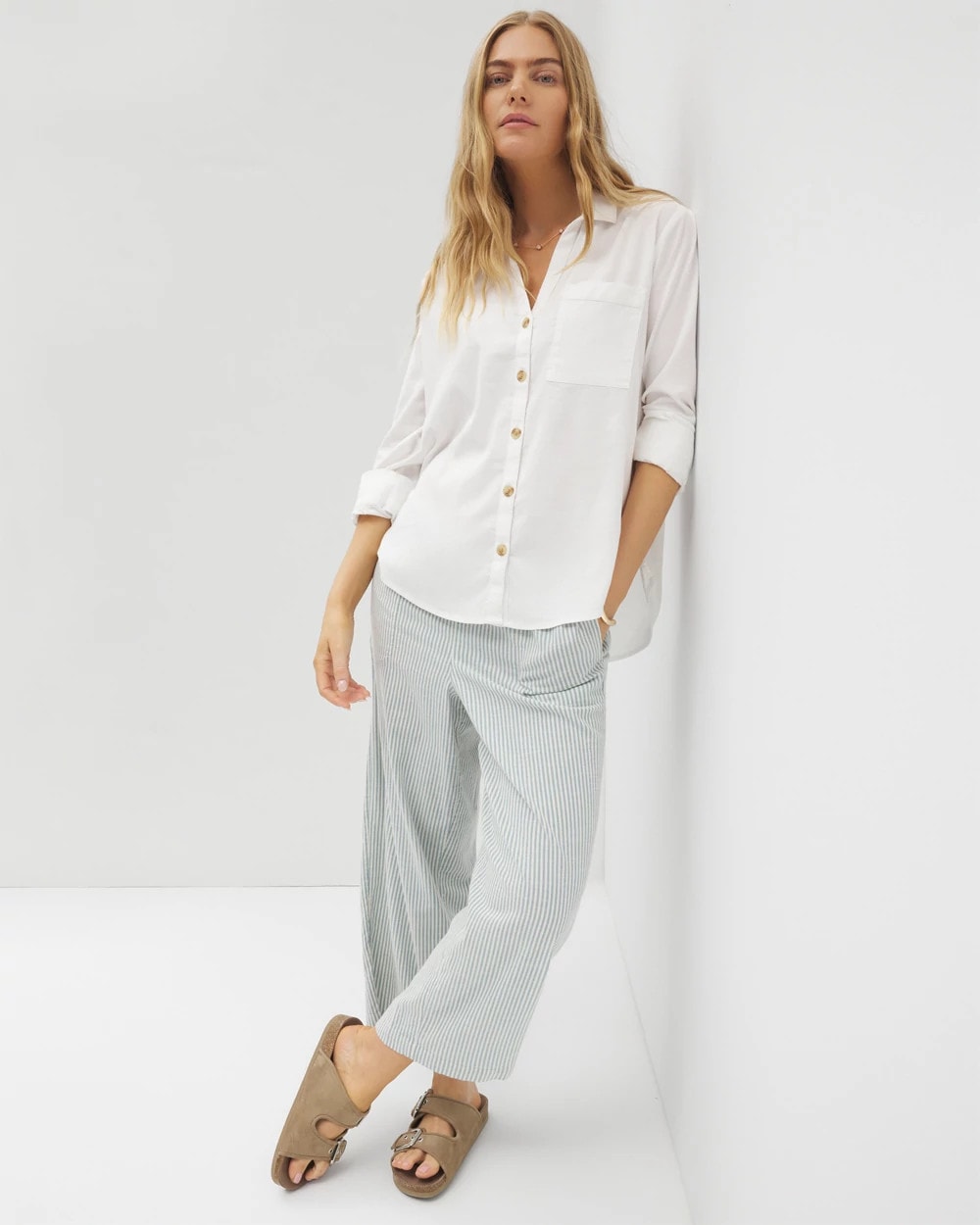 OPTIC WHITE Beach Cotton Long Sleeve Button-Up