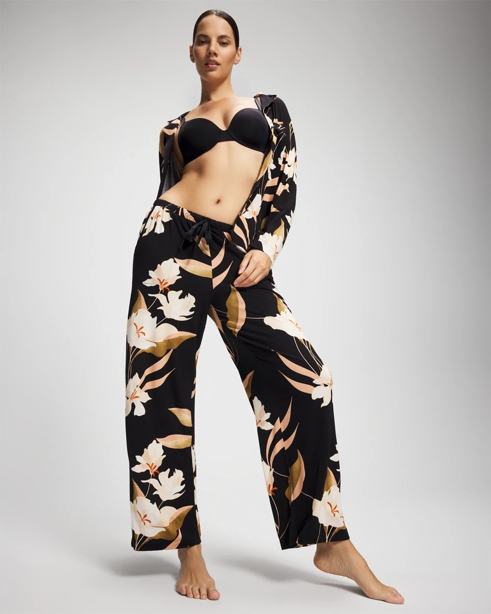 MYSTIC BLOOMS BLACK MID Satin Trim Pajama Pant
