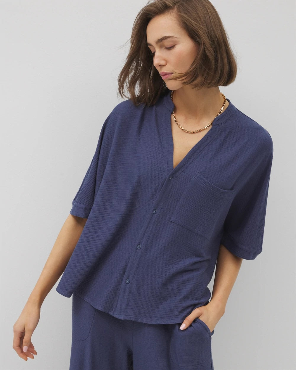 LUNAR TIDE Crinkle Knit Relaxed Button-Up Top