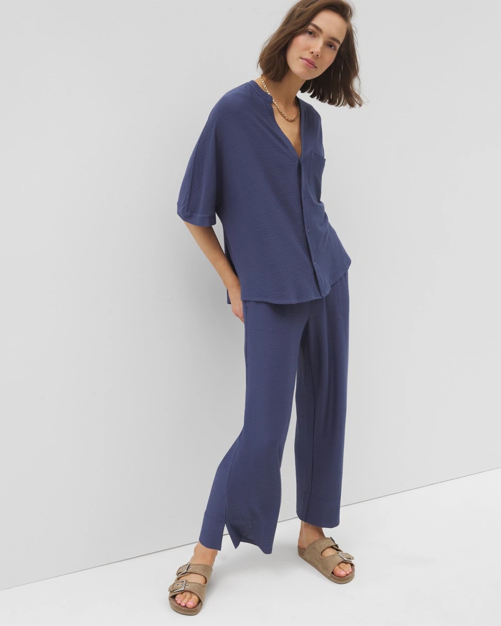LUNAR TIDE Crinkle Knit Relaxed Button-Up Top