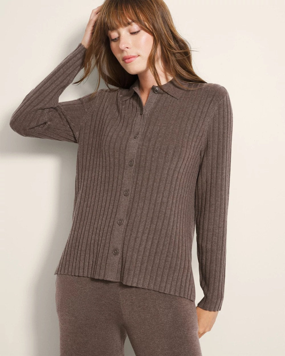HEATHER COCOA Button-Up Sweater