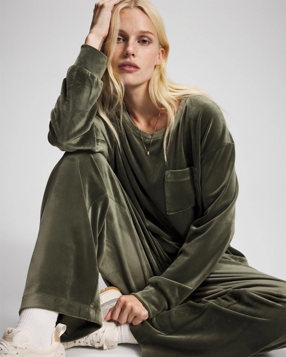 DARK SAGE Velour Straight Leg Pants
