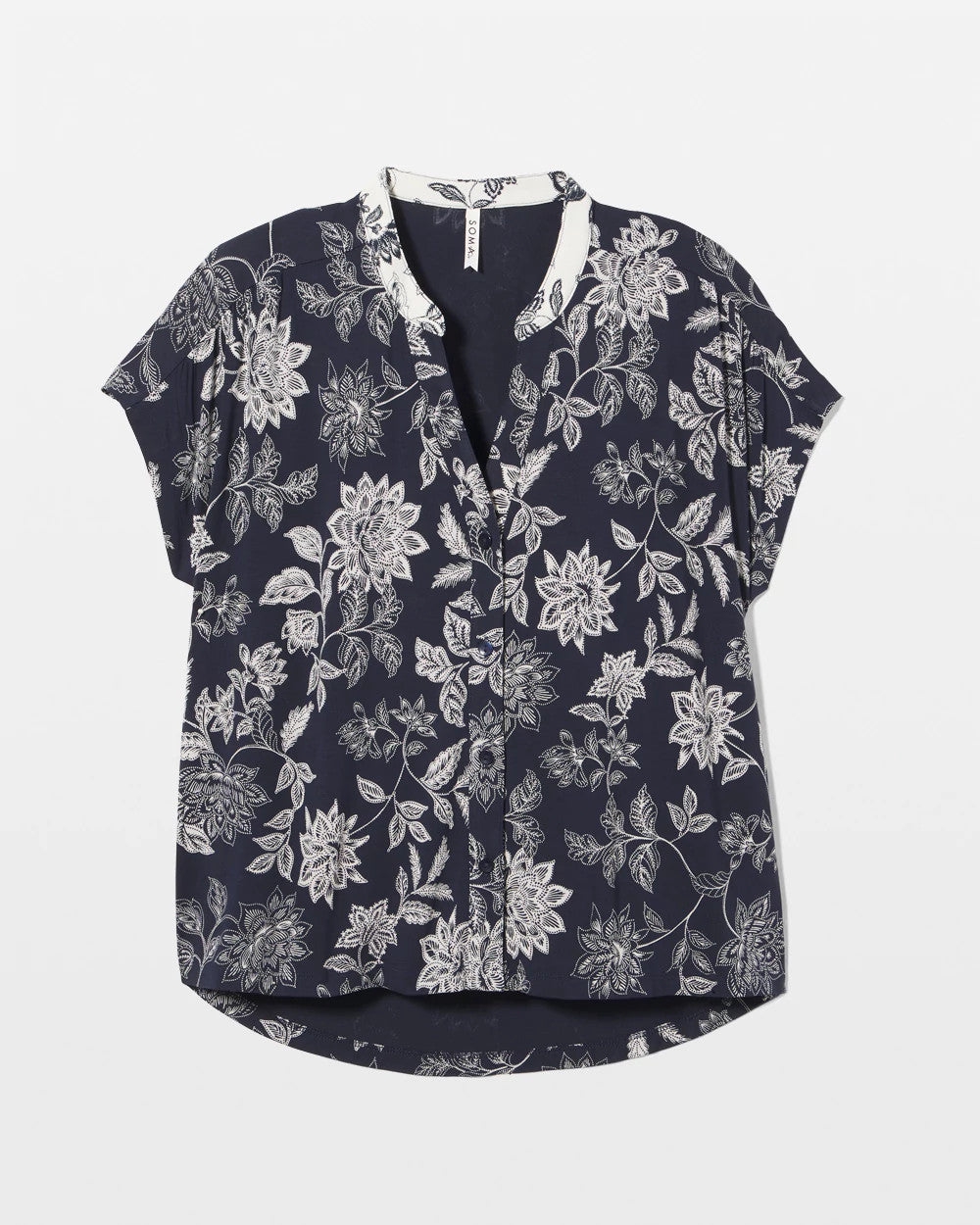 MEANDERING GARDEN NAVY Mandarin Collar Short Sleeve Pajama Top