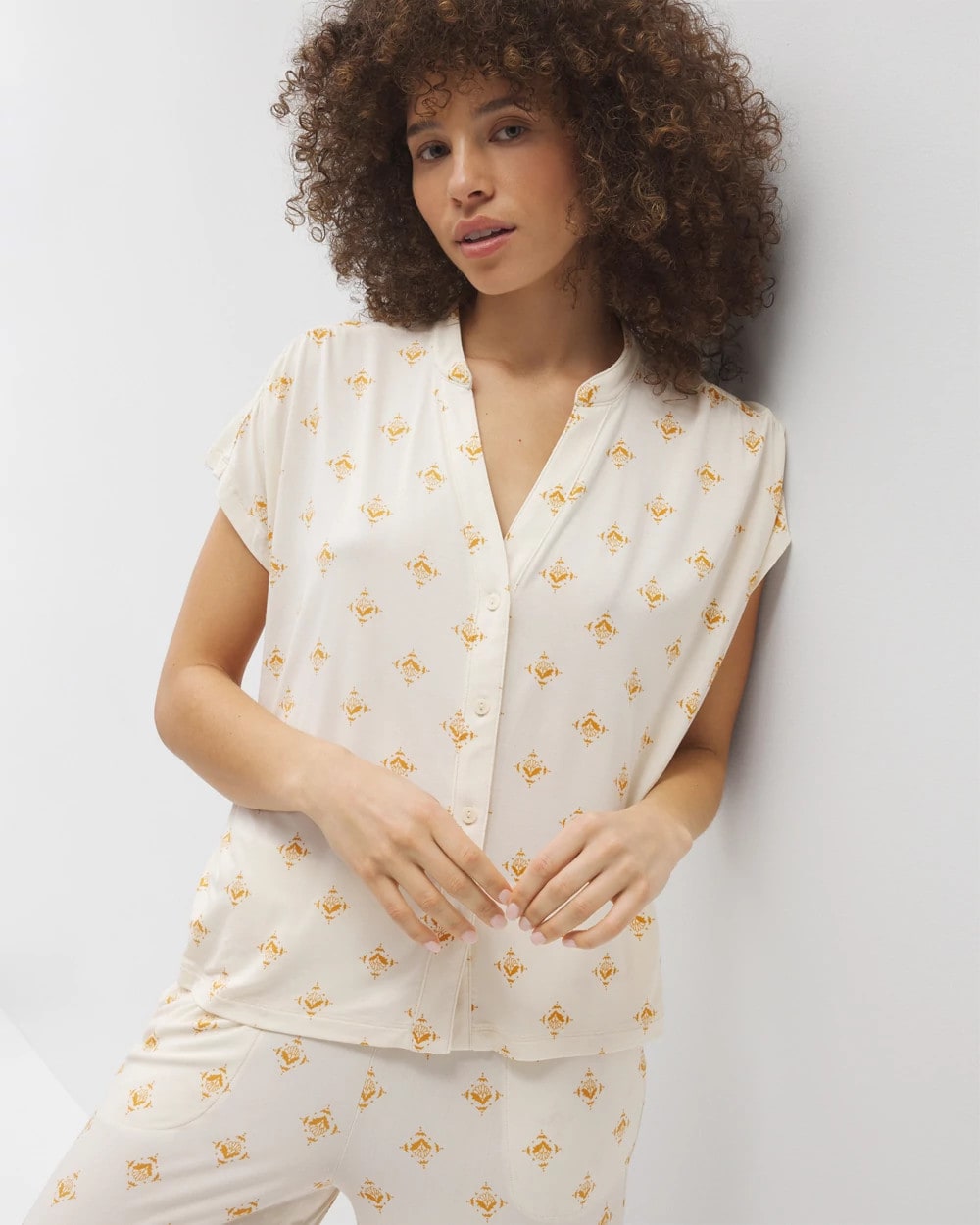 KASHMIR ICON CHAMP Mandarin Collar Short Sleeve Pajama Top