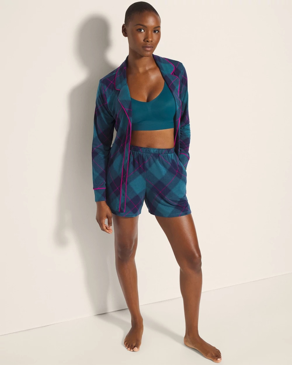 BUNDLE UP PLAID BIAS TEAL Pajama Shorts