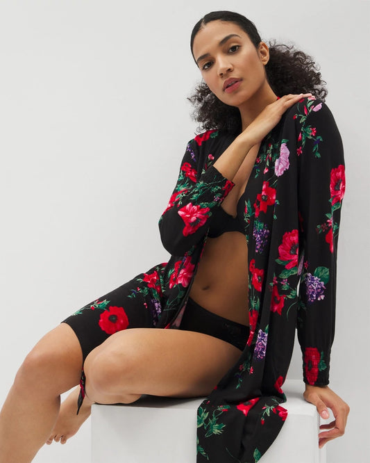 RHAPSODY FLORA BLACK Long-Sleeve Short Robe