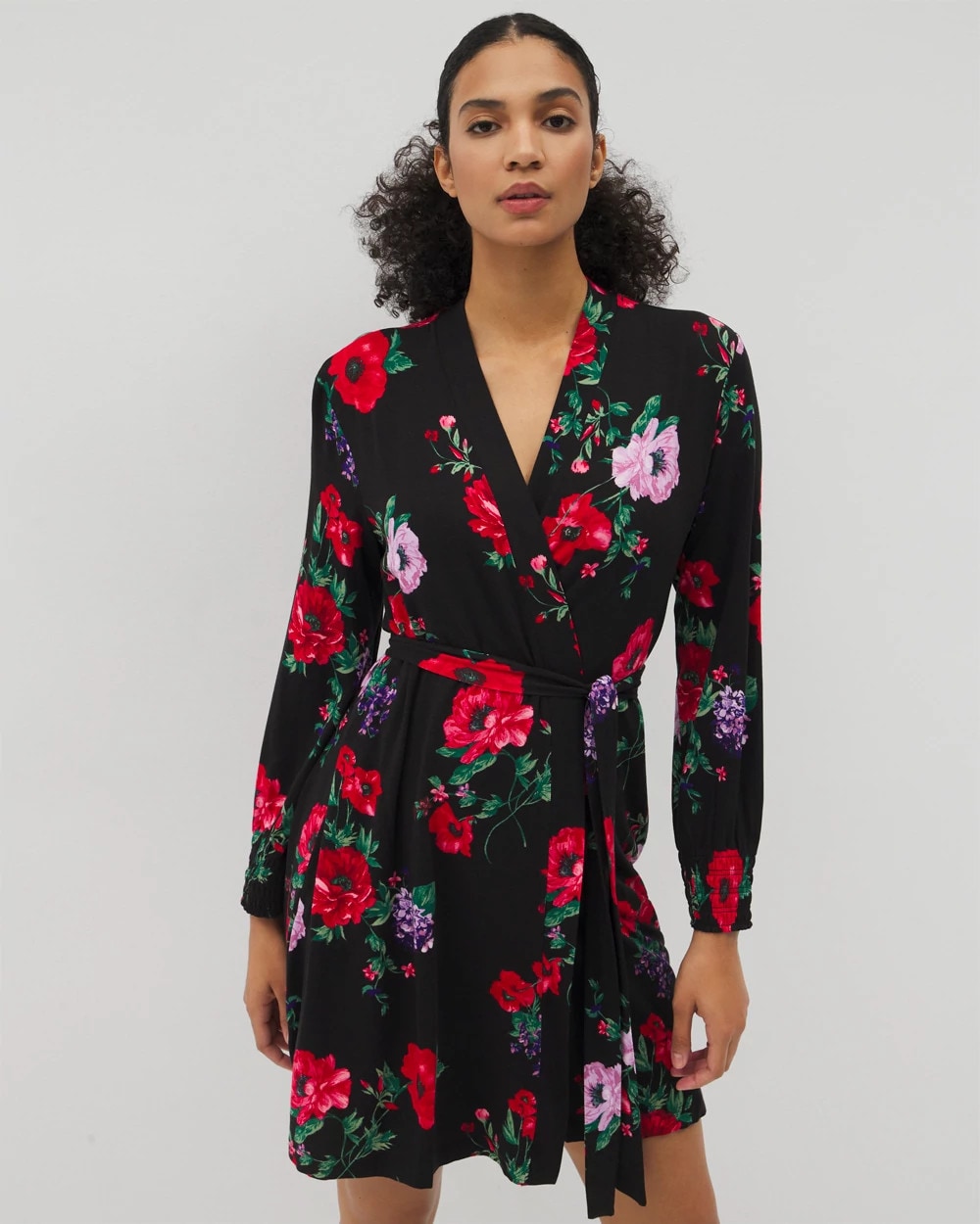RHAPSODY FLORA BLACK Long-Sleeve Short Robe