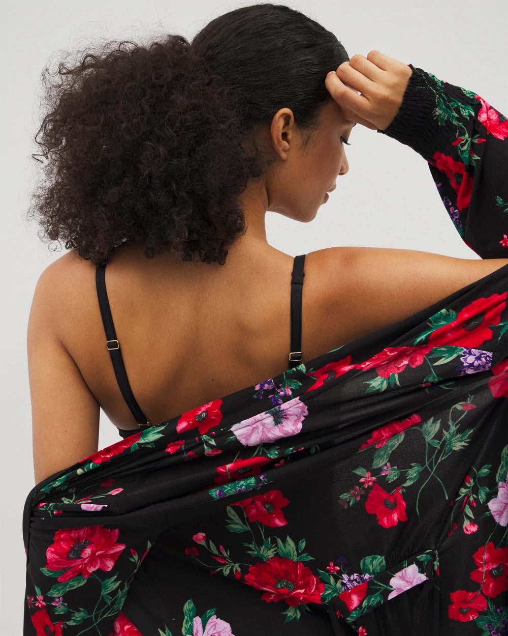 RHAPSODY FLORA BLACK Long-Sleeve Short Robe