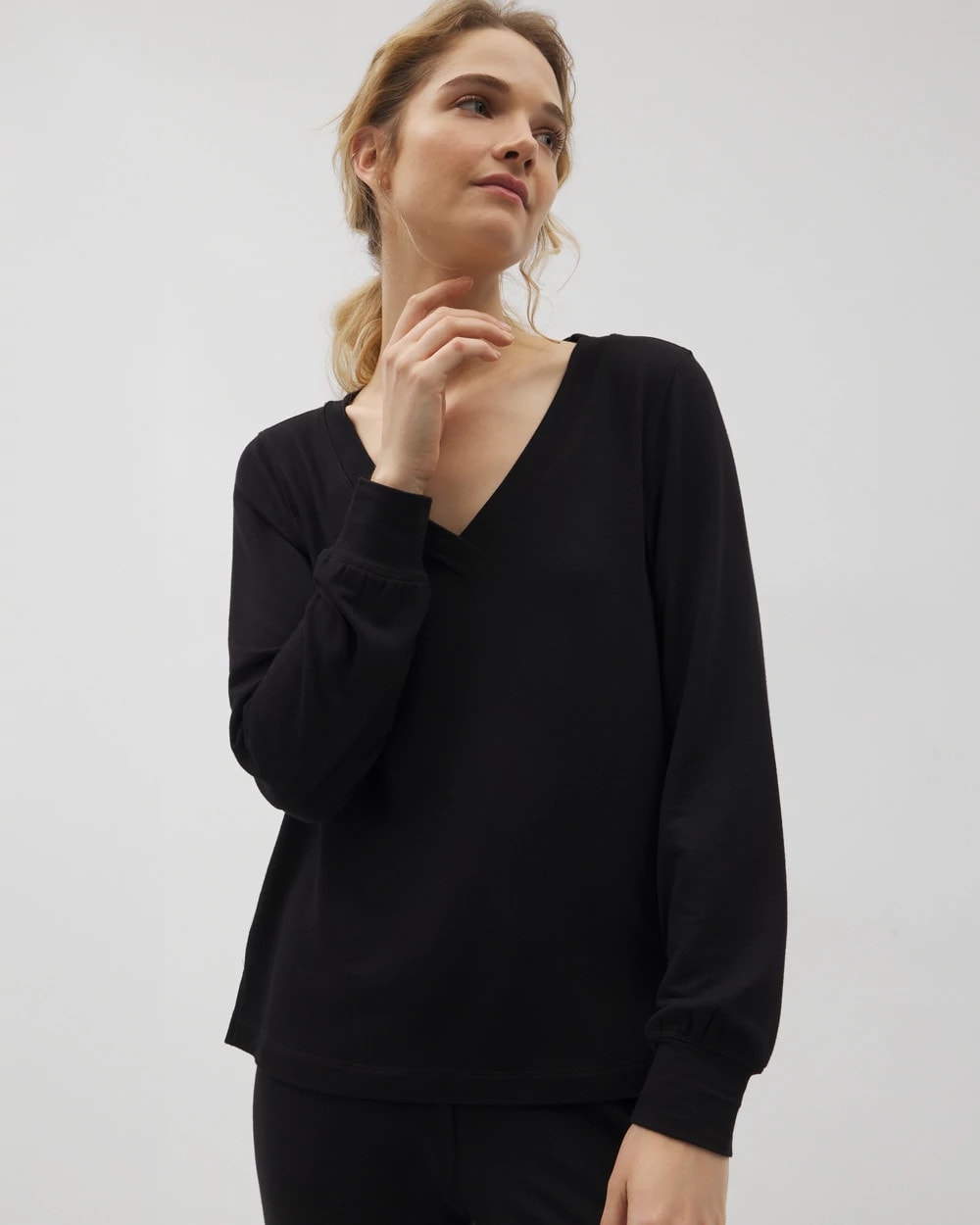 BLACK Long-Sleeve V-Neck Pajama Top