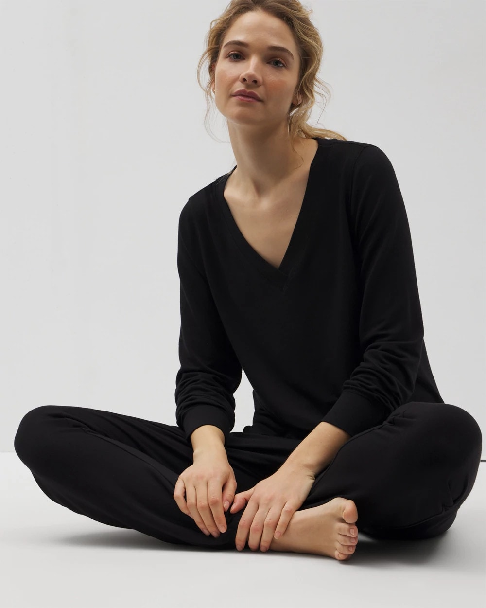 BLACK Long-Sleeve V-Neck Pajama Top