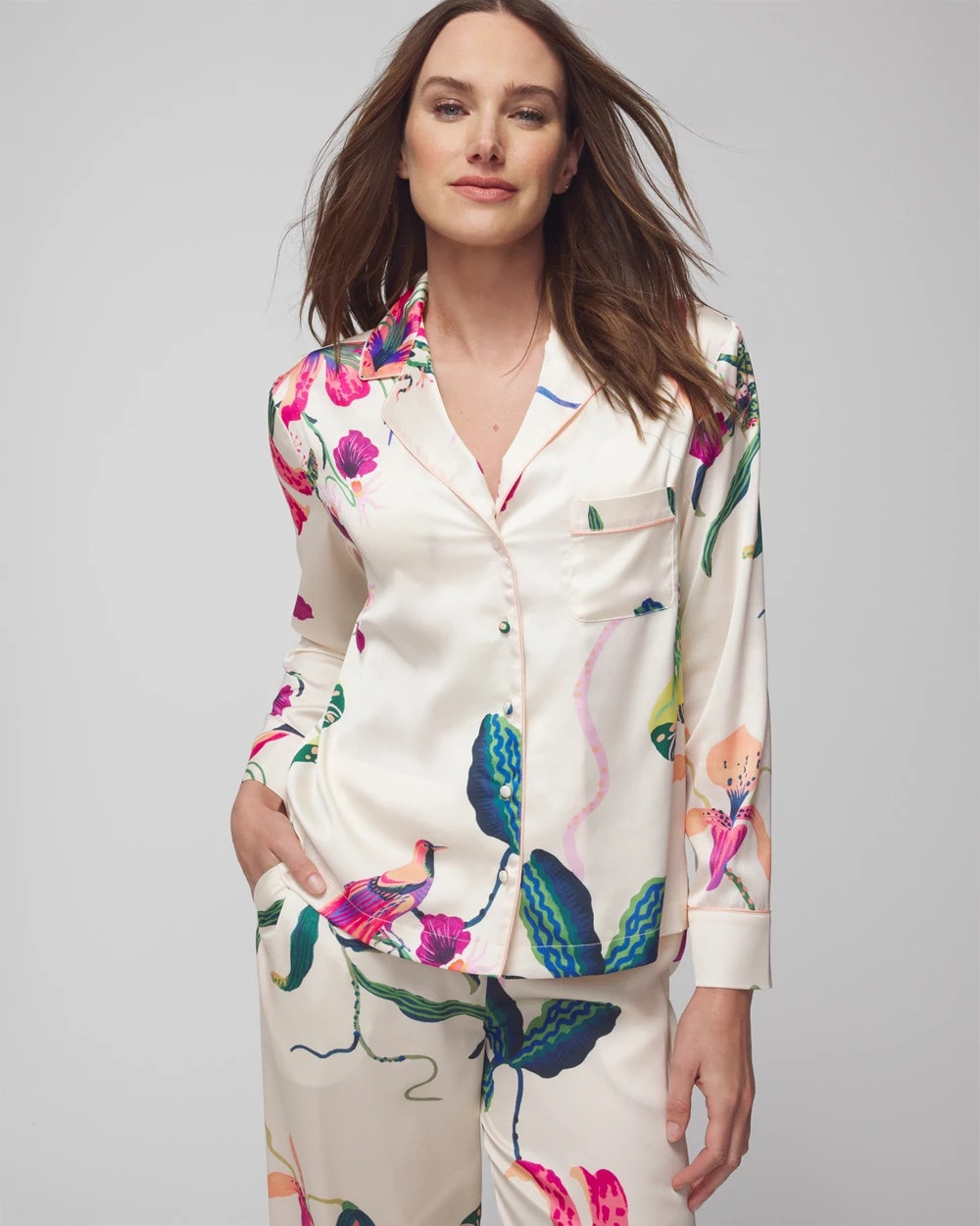 PARADISE SOIREE WHITE SK Long-Sleeve Notch Collar Pajama Top