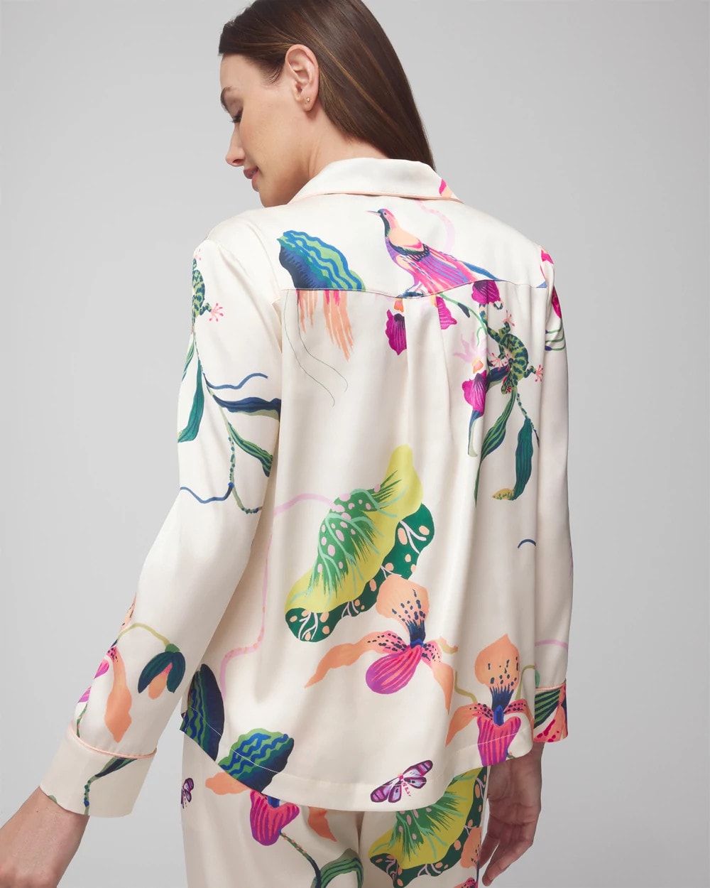 PARADISE SOIREE WHITE SK Long-Sleeve Notch Collar Pajama Top
