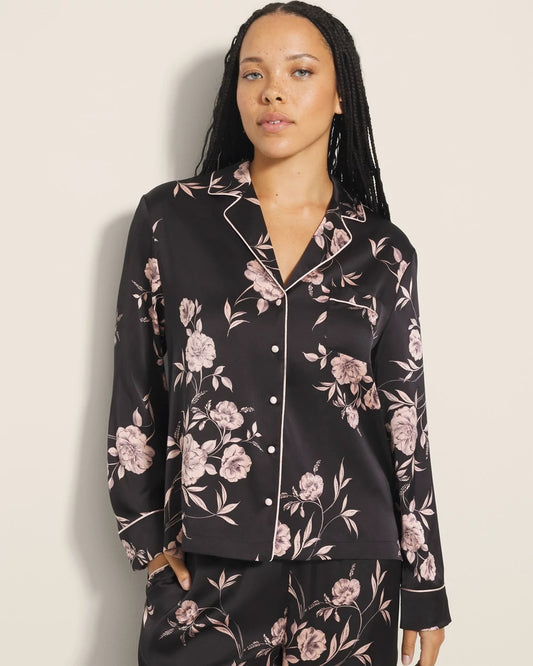 NOSTALGIA FLORA BLACK Long-Sleeve Notch Collar Pajama Top