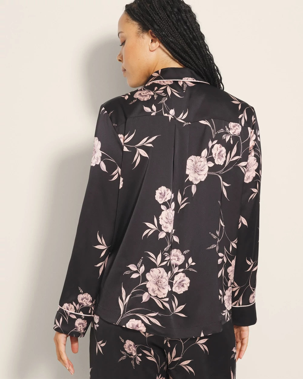 NOSTALGIA FLORA BLACK Long-Sleeve Notch Collar Pajama Top