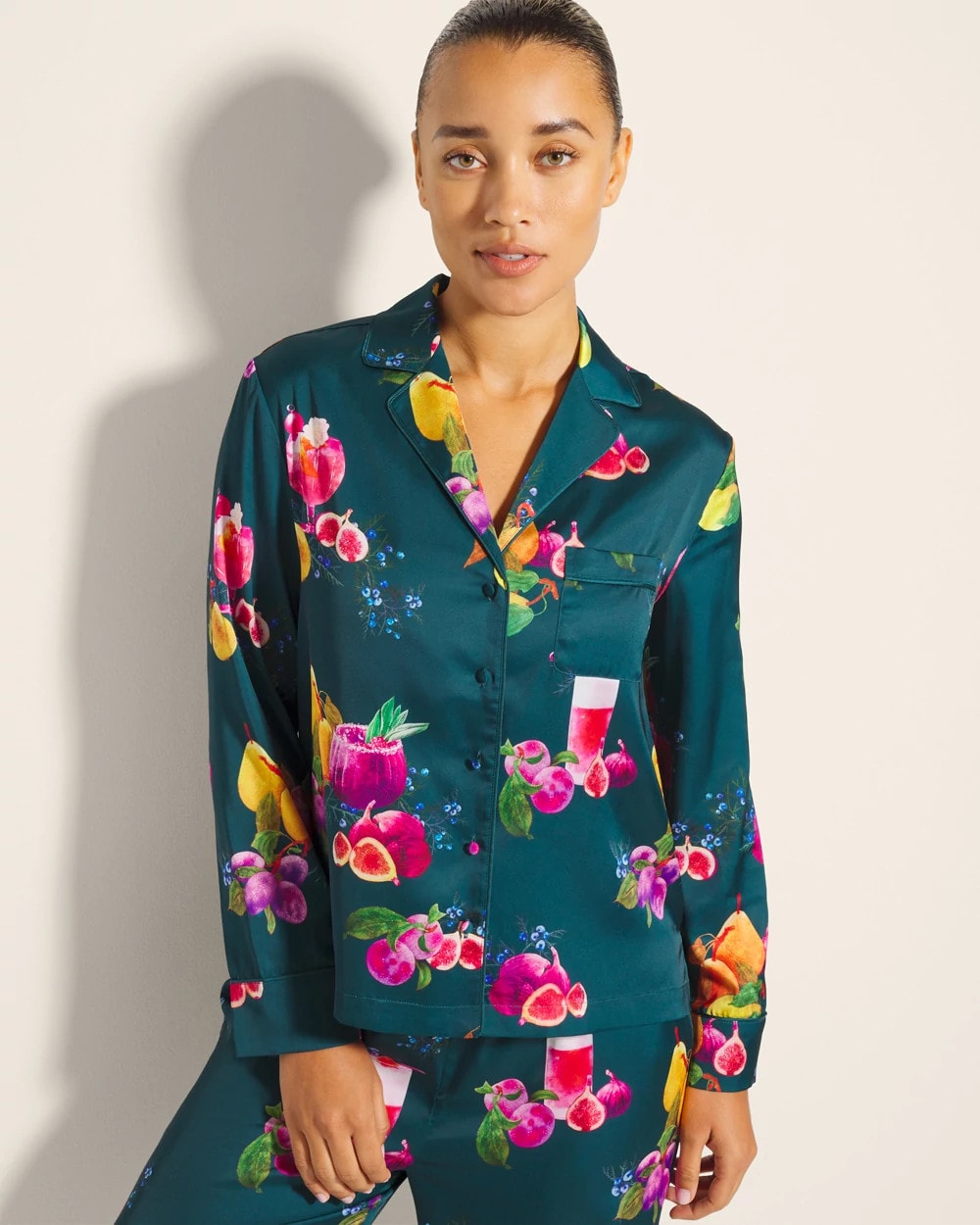 GETTIN FIGGY WITH IT TEAL Long-Sleeve Notch Collar Pajama Top