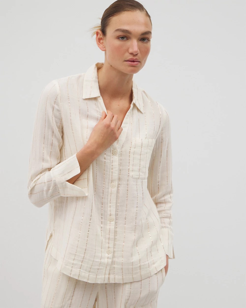 CHAMPAGNE STRIPE Cotton Gauze Long Sleeve Notch Collar Pajama Top
