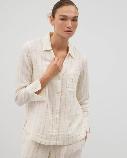 CHAMPAGNE STRIPE Cotton Gauze Long Sleeve Notch Collar Pajama Top