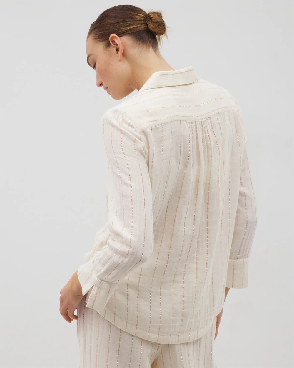 CHAMPAGNE STRIPE Cotton Gauze Long Sleeve Notch Collar Pajama Top