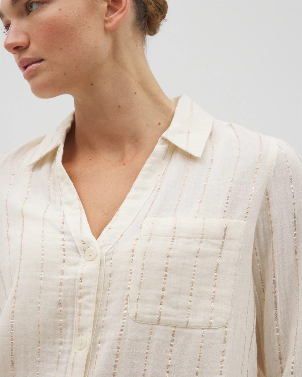 CHAMPAGNE STRIPE Cotton Gauze Long Sleeve Notch Collar Pajama Top