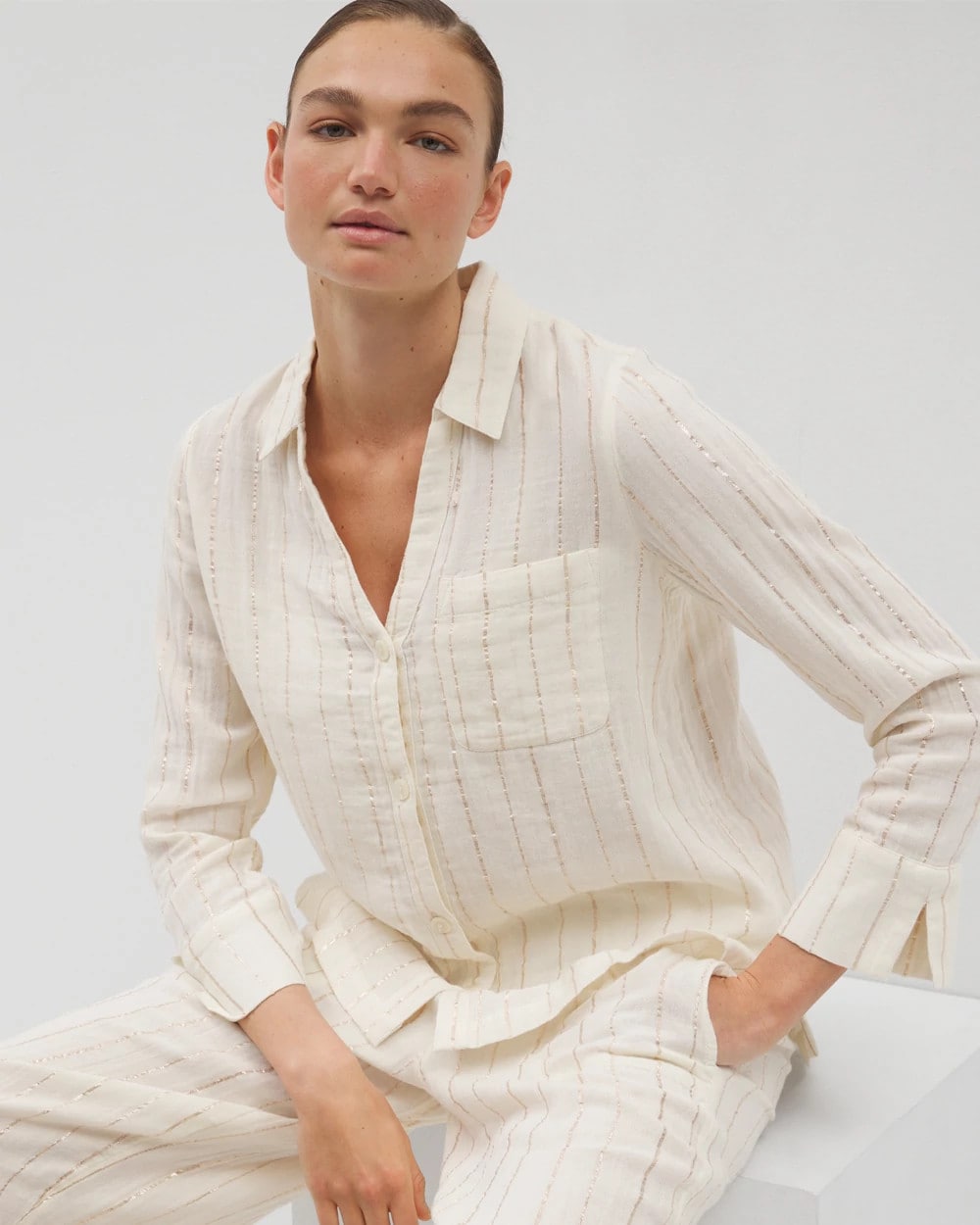 CHAMPAGNE STRIPE Cotton Gauze Long Sleeve Notch Collar Pajama Top
