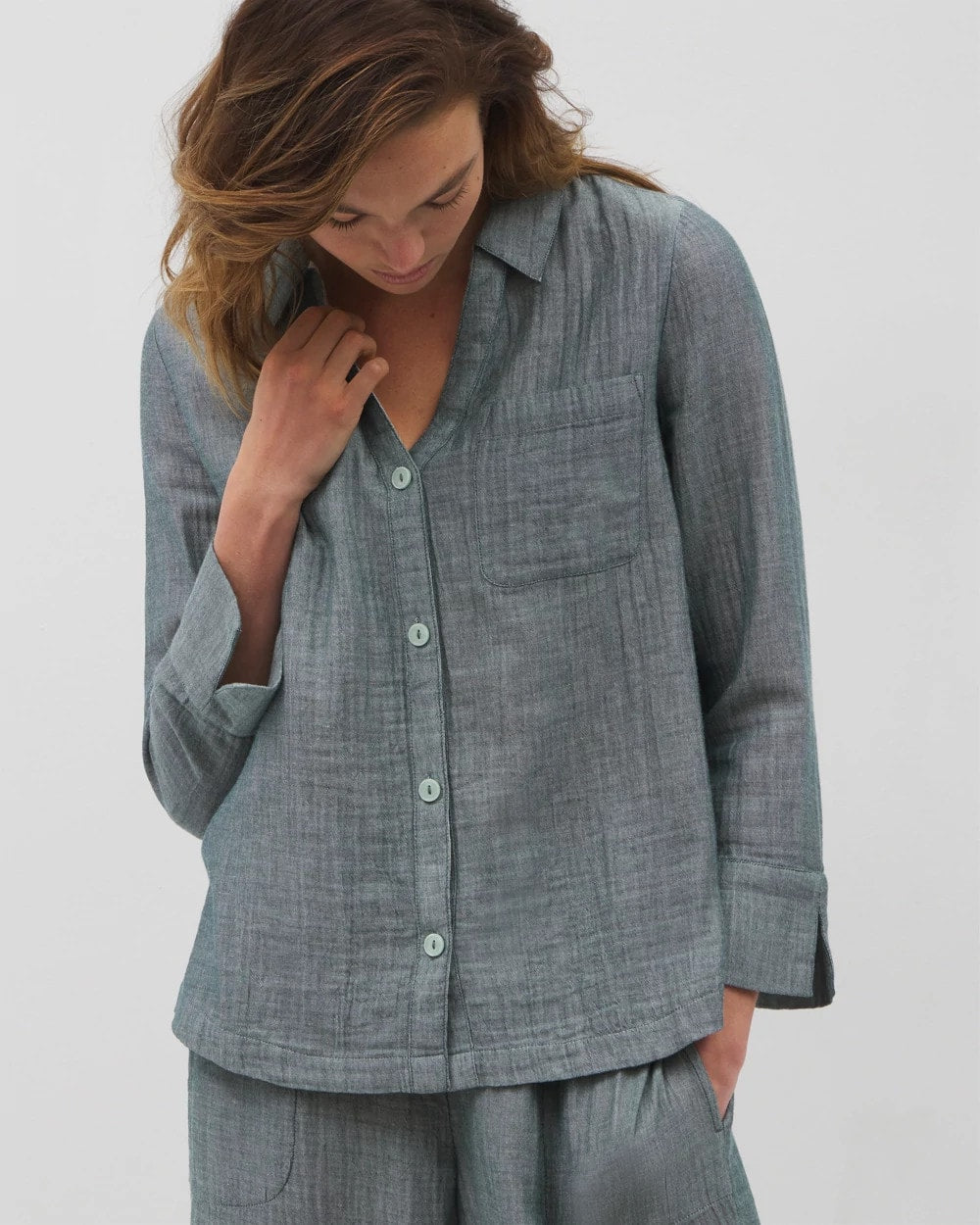 DARK SEA CROSSDYE Cotton Gauze Long Sleeve Notch Collar Pajama Top