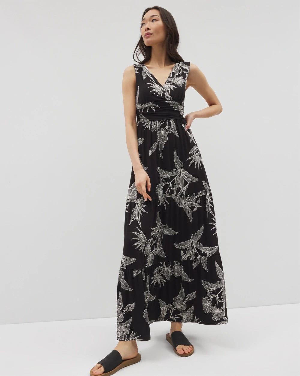 PLUMERIA BLOOMS GRAND BLK Goddess Tiered Maxi Dress