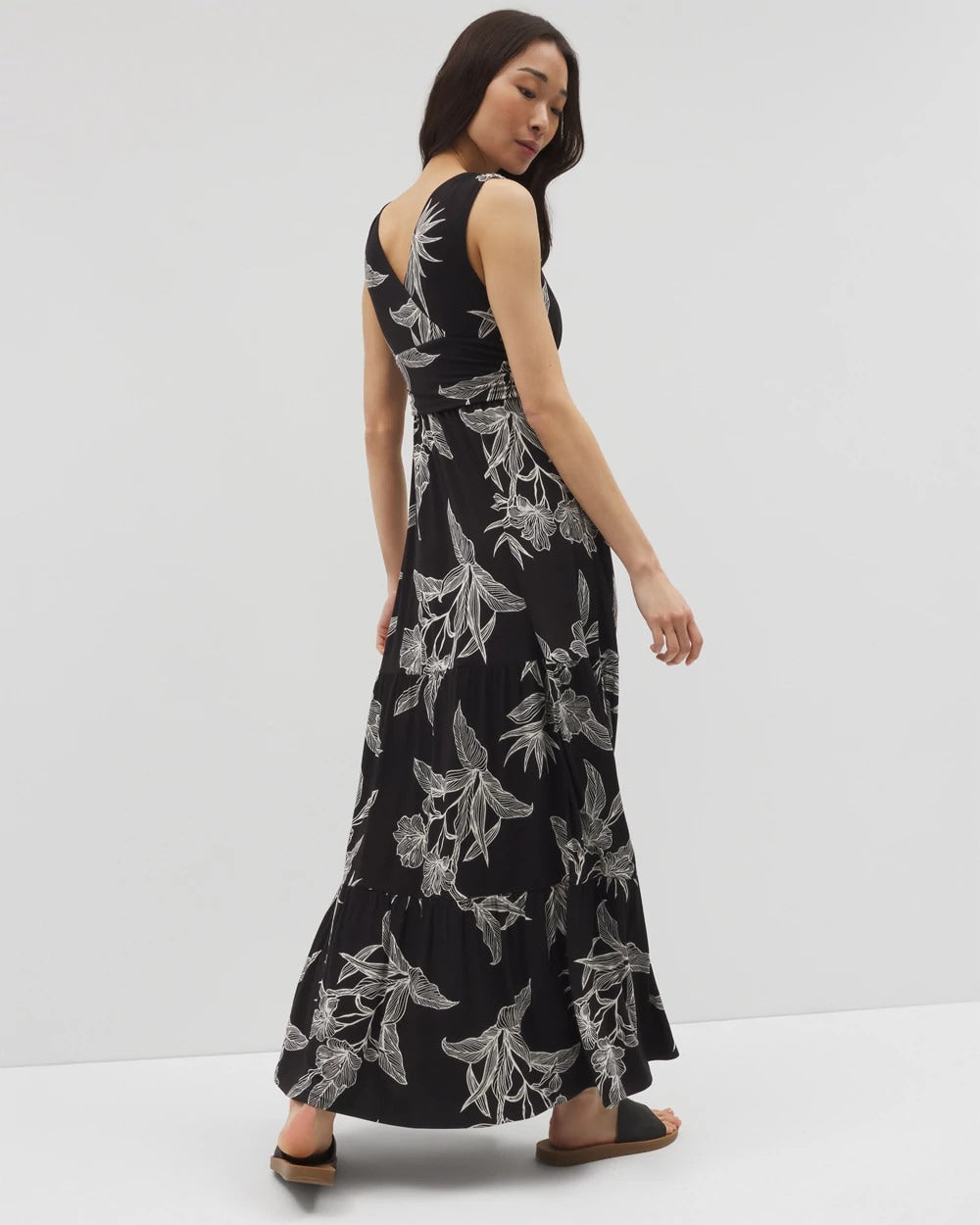 PLUMERIA BLOOMS GRAND BLK Goddess Tiered Maxi Dress