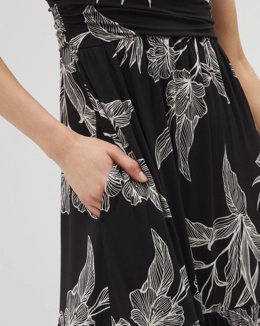 PLUMERIA BLOOMS GRAND BLK Goddess Tiered Maxi Dress