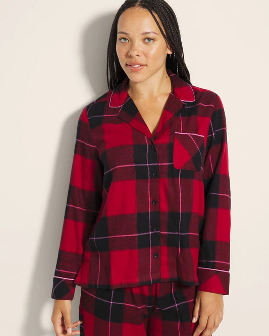 WRAPPED UP PLAID RED Super Soft Long-Sleeve Notch Collar Pajama Top