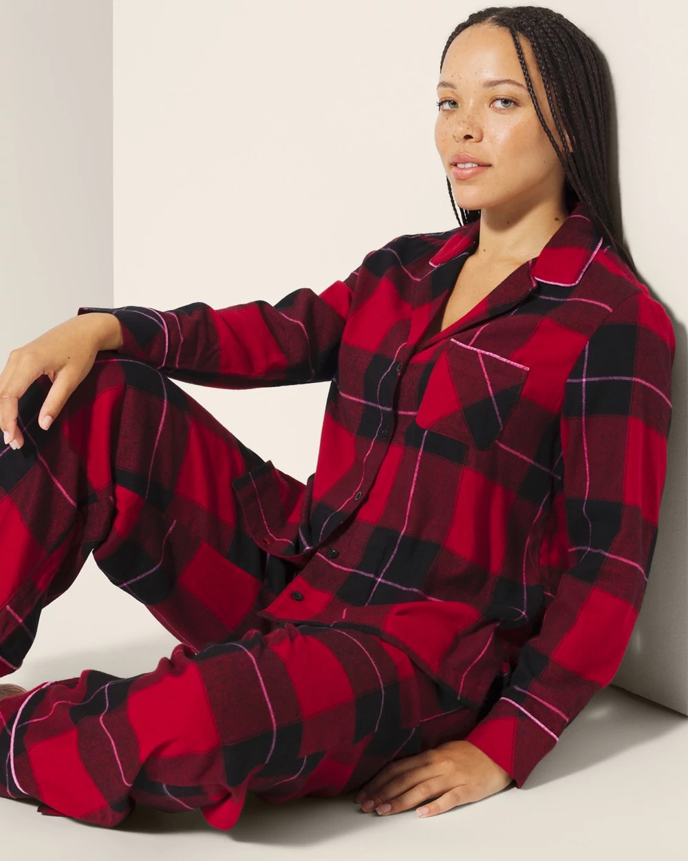 WRAPPED UP PLAID RED Super Soft Long-Sleeve Notch Collar Pajama Top