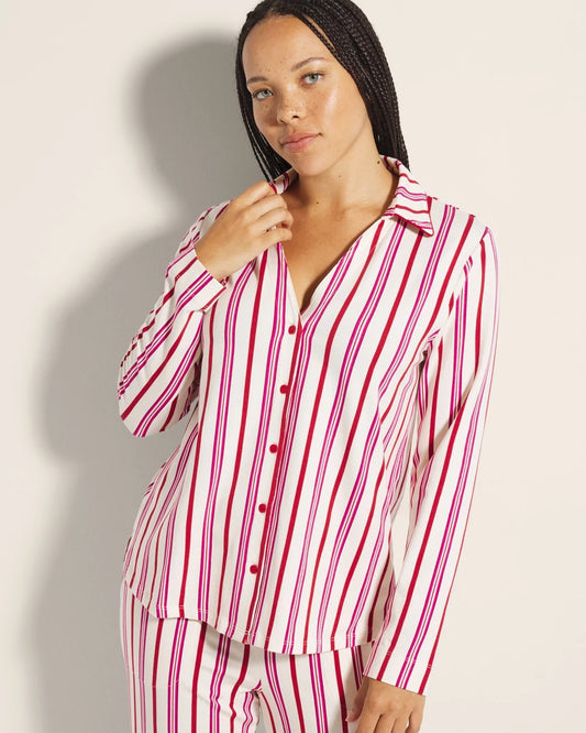 SMART STRIPE CHAMPAGNE Long-Sleeve Notch Collar Pajama Top