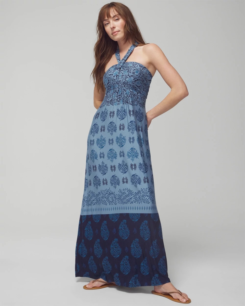 BELLA STAMP BORDER BLUE Halter Maxi Bra Dress