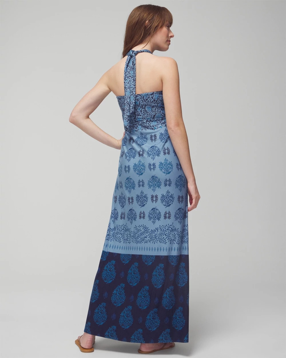 BELLA STAMP BORDER BLUE Halter Maxi Bra Dress