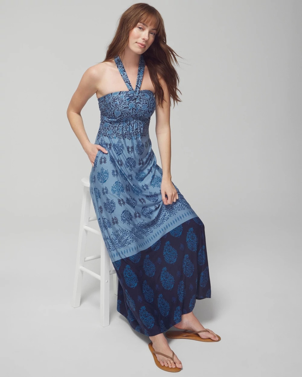 BELLA STAMP BORDER BLUE Halter Maxi Bra Dress