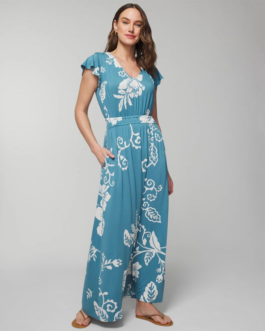 GARDEN TAPESTRY G BLUE Flutter Sleeve Maxi Bra Dress