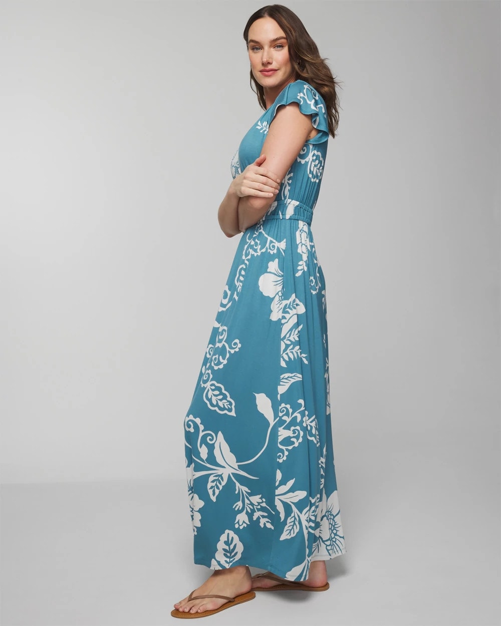 GARDEN TAPESTRY G BLUE Flutter Sleeve Maxi Bra Dress