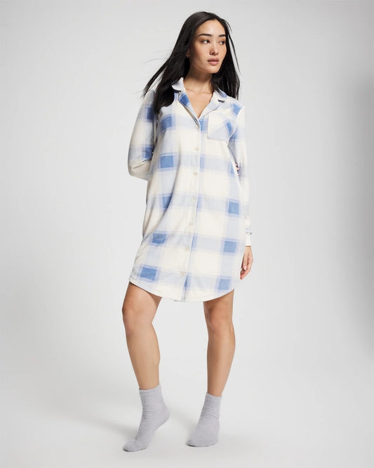 FROSTED PLAID BLUE Long-Sleeve Notch Collar Sleepshirt