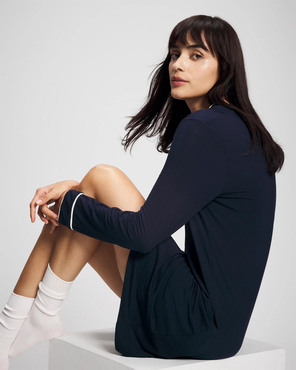 NIGHTFALL NAVY Piped Long-Sleeve Sleepshirt