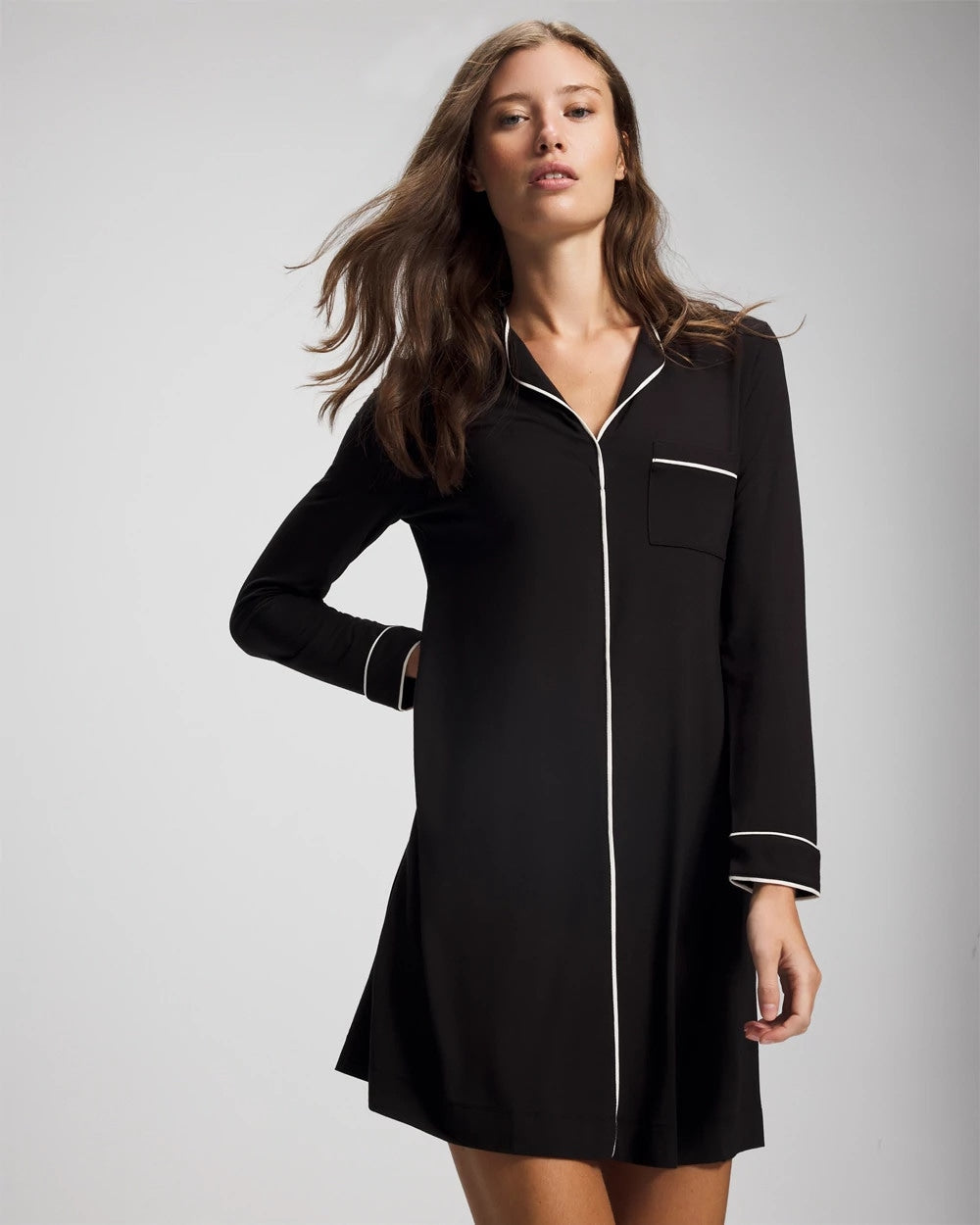BLACK Piped Long-Sleeve Sleepshirt