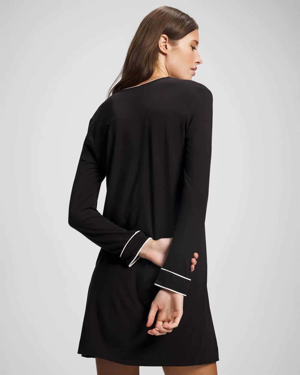 BLACK Piped Long-Sleeve Sleepshirt