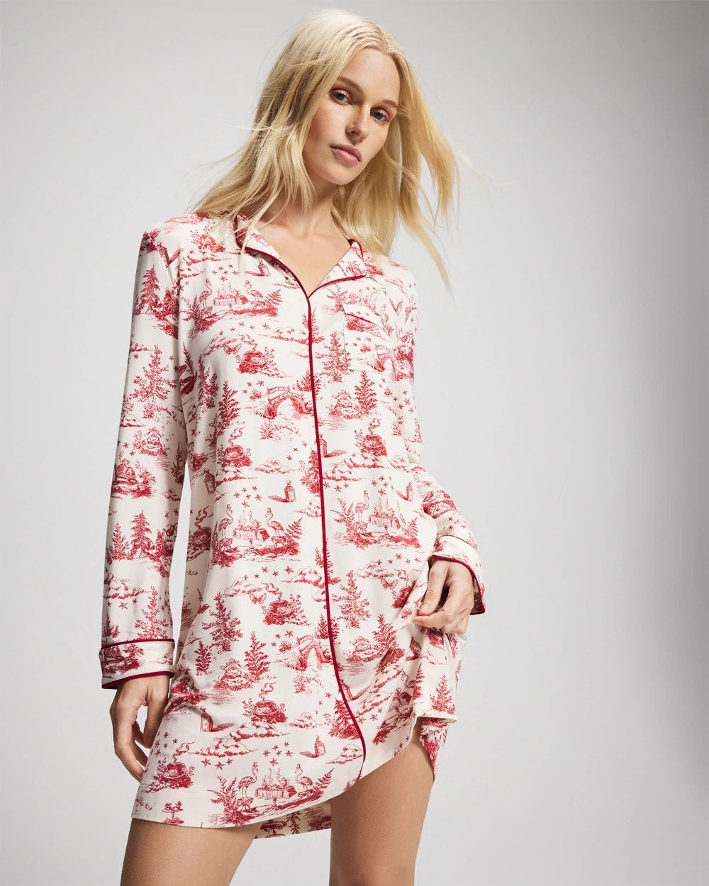 ENCHANTED TOILE CHAMPAGNE Piped Long-Sleeve Sleepshirt